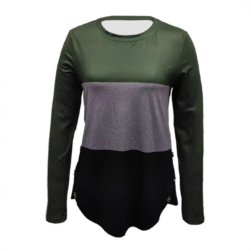 Damen Langarm-Colorblock-Shirt mit rundem Saum und seitlichem Knopfdetail – Avérine