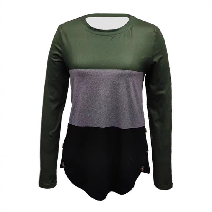 Damen Langarm-Colorblock-Shirt mit rundem Saum und seitlichem Knopfdetail – Avérine