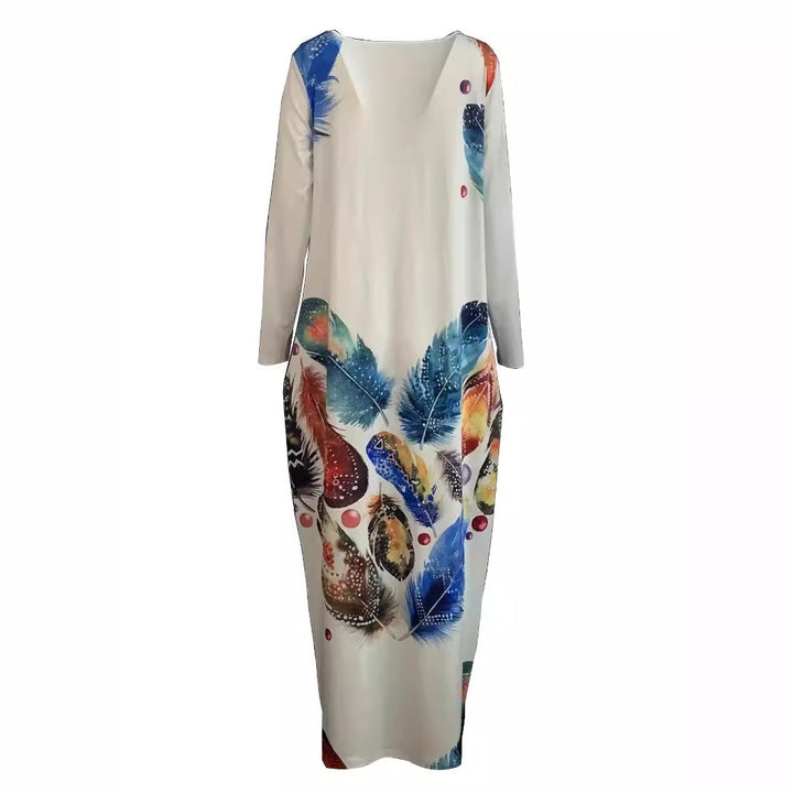 Damen Fließendes Maxikleid mit auffälligem Federmotiv, tiefem Rundhalsausschnitt und Seitentaschen – Valéora