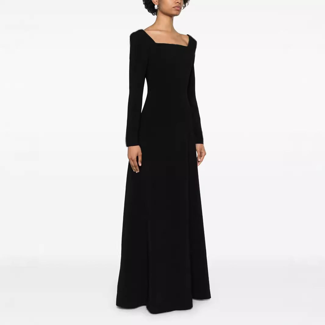 Damen Maxilanges Abendkleid im minimalistischen A-Linien-Schnitt mit quadratischem Ausschnitt und langen Ärmeln Echoarchiv