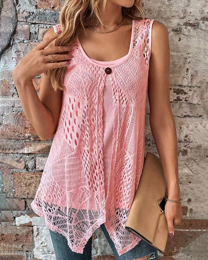 Damen nan zweilagiges Häkel-Overlay mit Jersey-Innentop, Ein-Knopf-Verschluss und asymmetrischem Zipfelsaum Echo Archiv