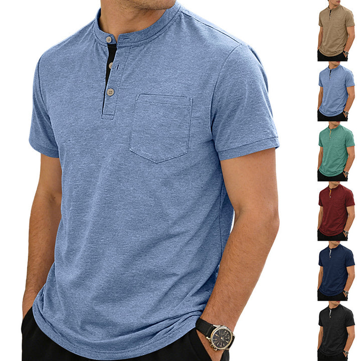 Herren nan strukturiertes Baumwoll-Henleyshirt mit kurzem Stehkragen Knopfleiste und Brusttasche Echo Archiv