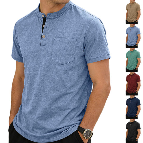 Herren nan strukturiertes Baumwoll-Henleyshirt mit kurzem Stehkragen Knopfleiste und Brusttasche Echo Archiv