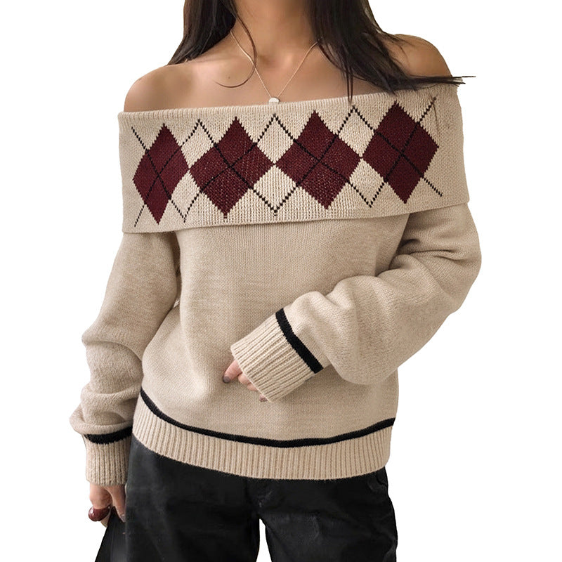 Damen Schulterfreier Strickpullover mit Rautenmuster und umgeschlagenem Kragen Echoarchiv