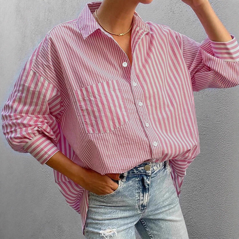 Damen Oversized-Casual Hemdbluse mit kontrastierenden Streifen und aufgesetzter Brusttasche – Avérine