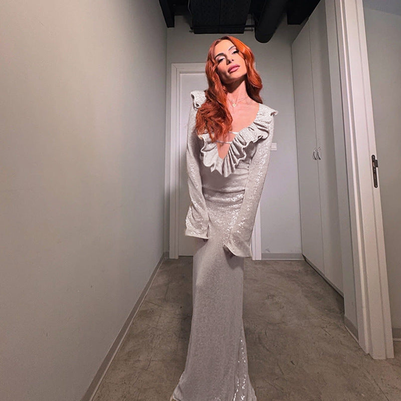 Damen elegantes Maxikleid mit Rüschendetail und transparentem Einsatz Echo Archiv