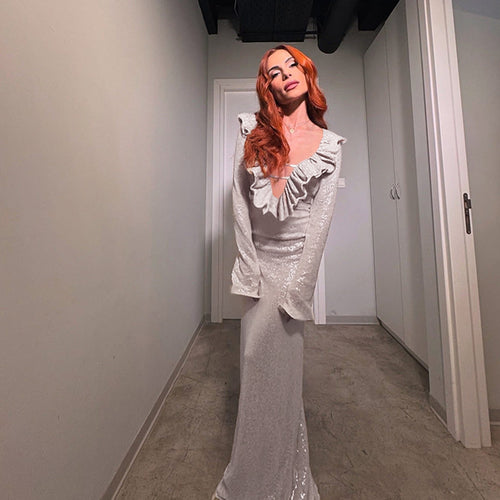 Damen elegantes Maxikleid mit Rüschendetail und transparentem Einsatz Echo Archiv