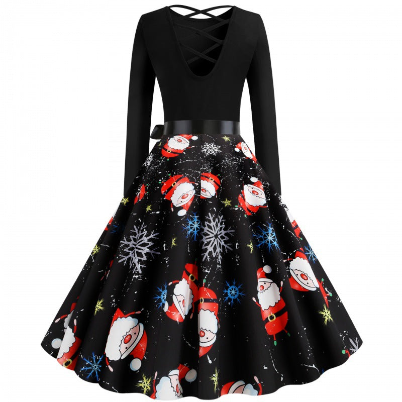 Damen Festliches Swingkleid mit Nikolausprint, tailliertem Satinband und gekreuztem Rückendetail – Élara