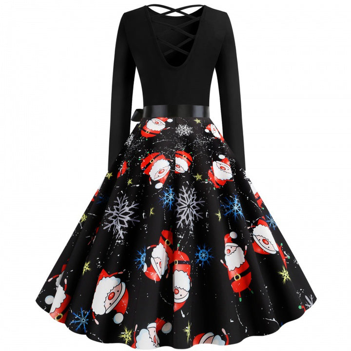 Damen Festliches Swingkleid mit Nikolausprint, tailliertem Satinband und gekreuztem Rückendetail – Élara