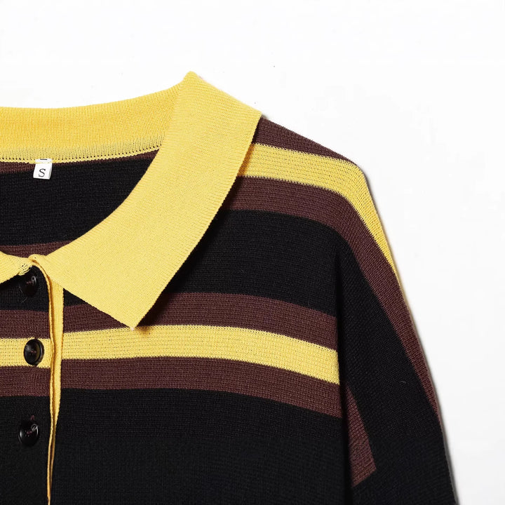 Damen Gestreifter Rugby-Pullover mit Polokragen und Knopfleiste Echoarchiv