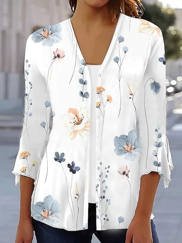 Damen nan leichte Chiffonbluse mit Aquarellblumenprint, V‑Ausschnitt, Knopfleiste und dreiviertelärmeln Echoarchiv