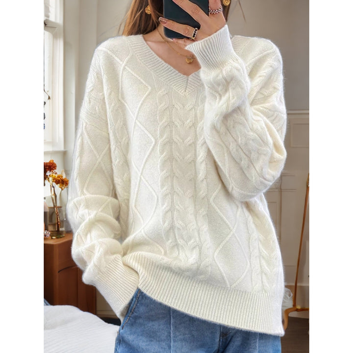 Damen nan kuscheliger V-Ausschnitt Zopfmuster-Pullover mit Oversize-Schnitt und Rippabschlüssen Echo Archiv