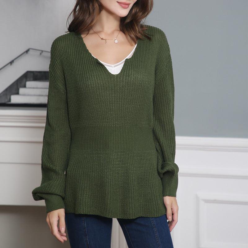Damen Lockerer Feinstrick-Pullover mit V-Notch-Ausschnitt, Tailliertem Rippbund und Ballonärmeln Echo Archiv