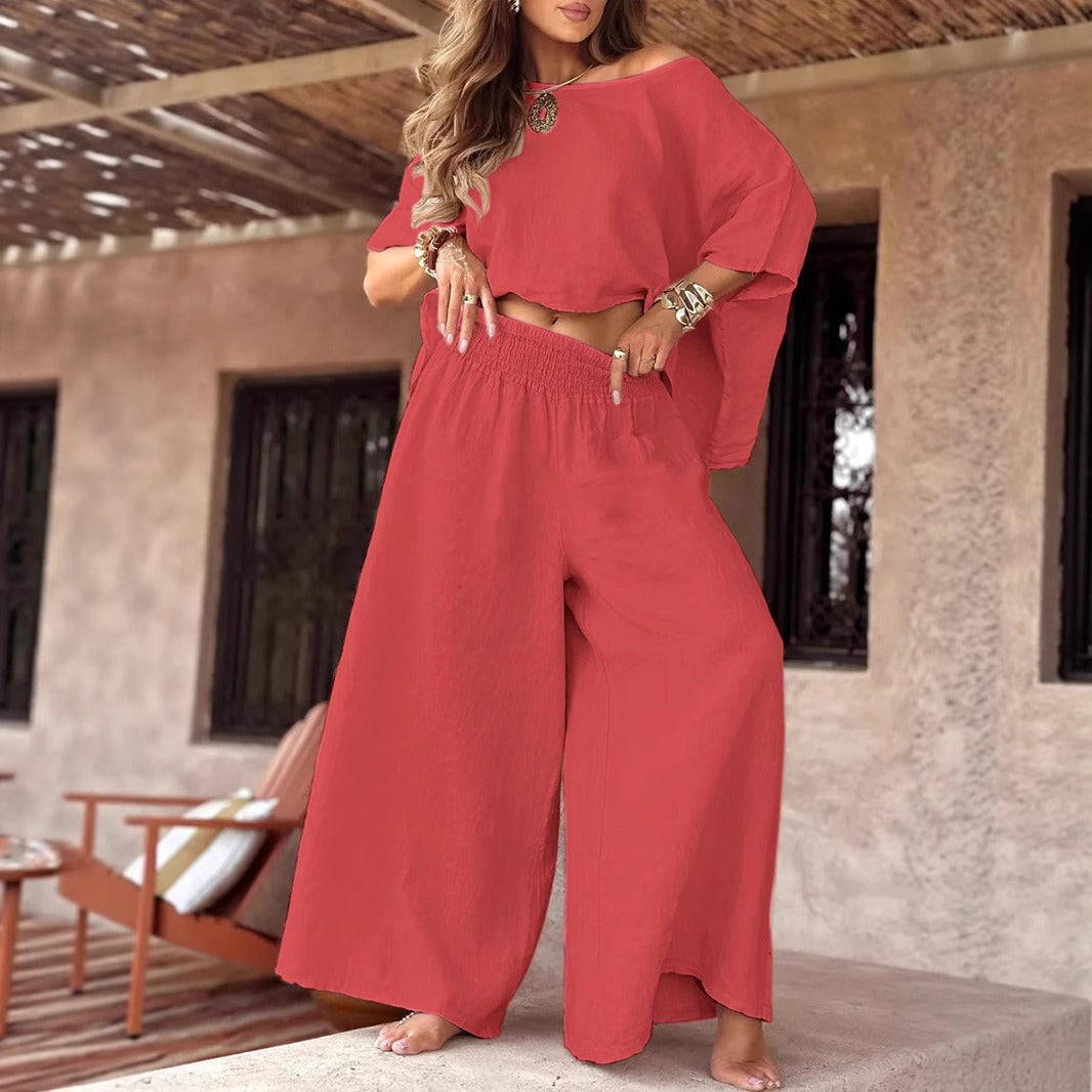 Damen Leinen-Set mit Cropped Oversize-Top und hohem elastischem Bund Palazzohose Echoarchiv