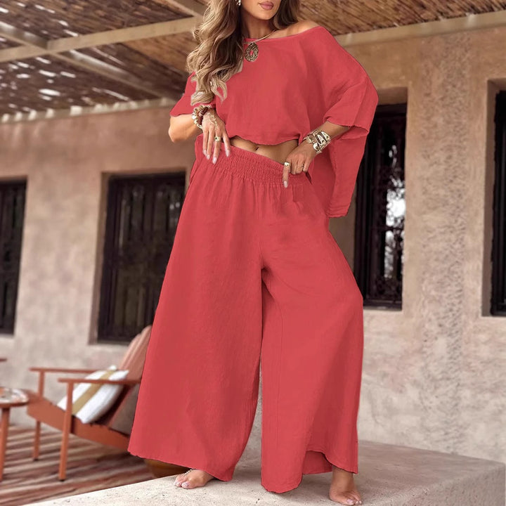 Damen Leinen-Set mit Cropped Oversize-Top und hohem elastischem Bund Palazzohose Echoarchiv