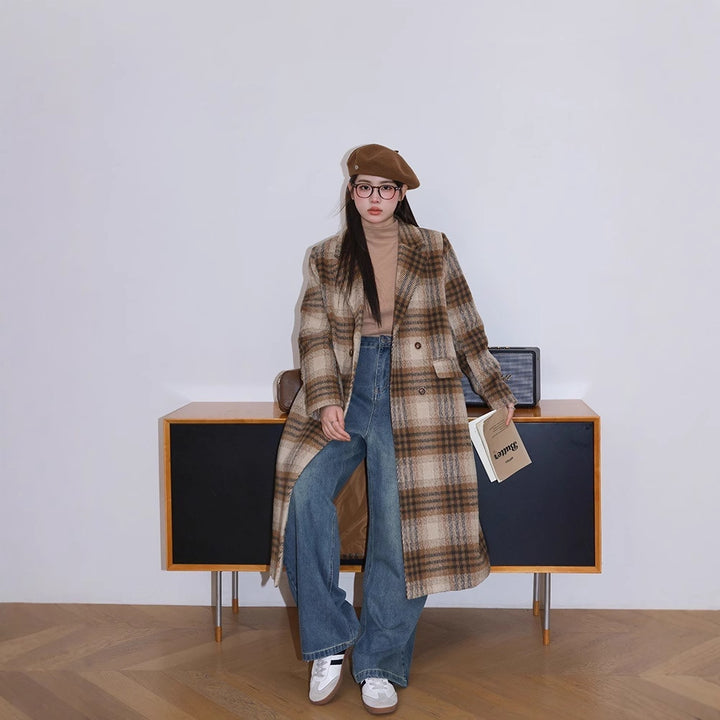 Damen Karierter Bouclé-Blazer mit Reverskragen und aufgesetzten Taschen Echoarchiv