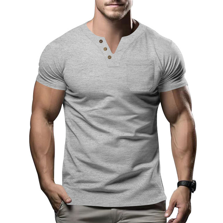 Herren nan körperbetontes Baumwollstretch-Kurzarmshirt mit Split-V-Ausschnitt dekorativer Knopfleiste und Brusttasche Echo Archiv