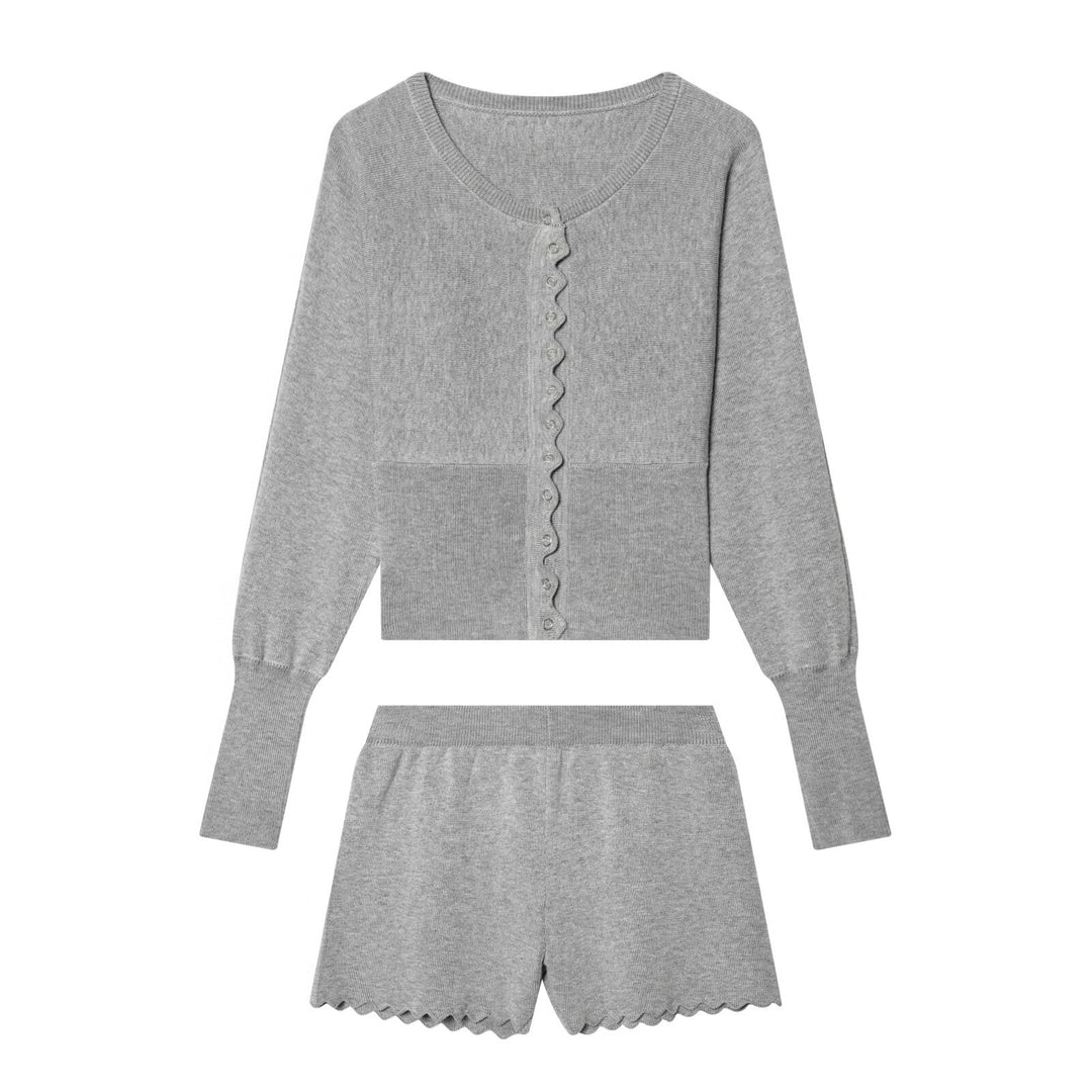 Damen Feinstrick-Cardigan-und-Shorts-Set mit Wellensaum und gerippten Bündchen Echo Archiv