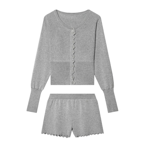 Damen Feinstrick-Cardigan-und-Shorts-Set mit Wellensaum und gerippten Bündchen Echo Archiv