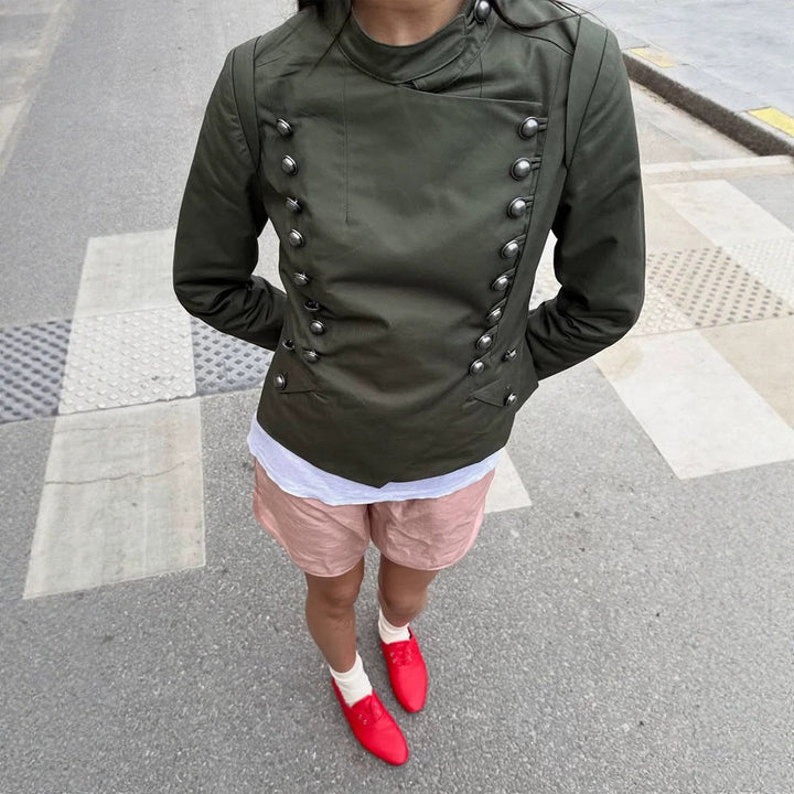 Damen Militärinspirierte Kurzjacke mit Stehkragen und Zierknopfleiste Echoarchiv