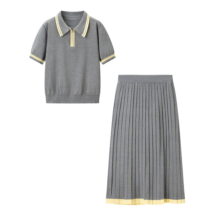 Damen Zweiteiliges Strick-Set mit Poloshirt und plissiertem Midirock Echo Archiv