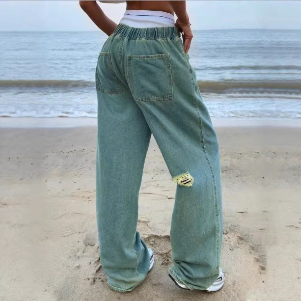 Damen Weite Vintage-Denim-Hose mit elastischem Tunnelzugbund und bodenlangem Baggy-Schnitt Echo Archiv