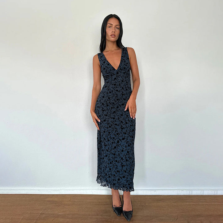 Damen Maxikleid mit floralem Spitzenmuster und tiefem V-Ausschnitt Echo Archiv