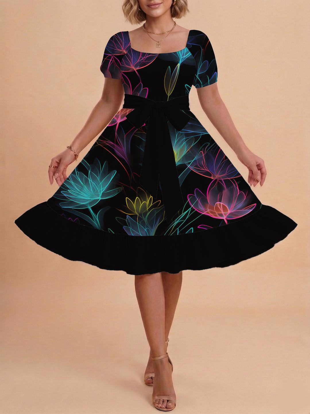 Damen Sommerkleid mit floralem Puffärmel und taillierbarem Gürtel Echo Archiv