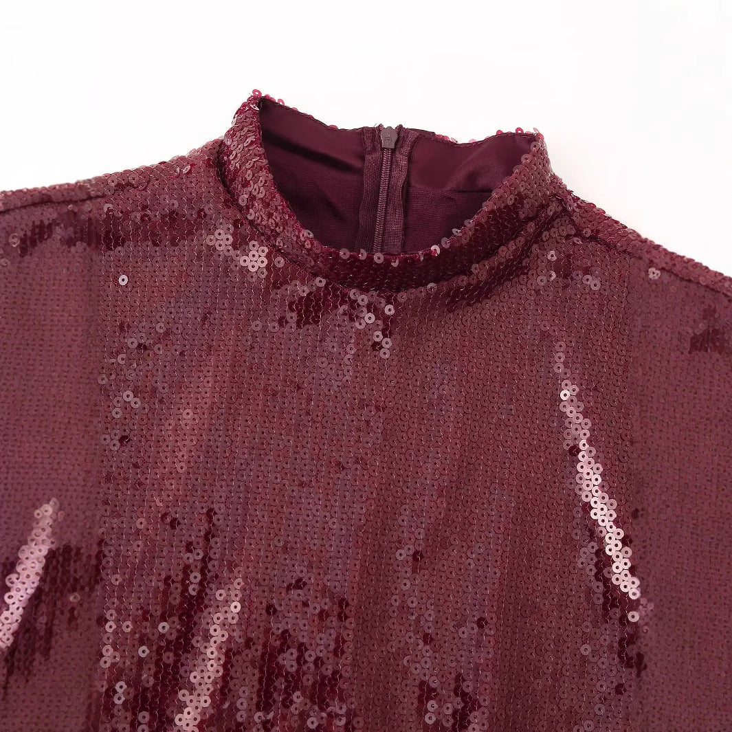 Damen festliches Maxikleid mit Paillettenoberteil, Stehkragen, langen Ärmeln und gerafftem Taillenrock – Valéora