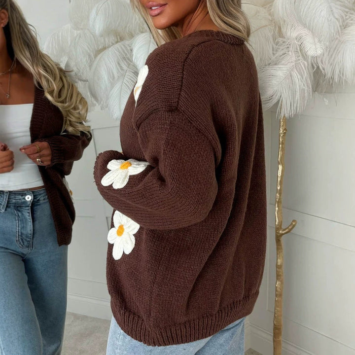 Damen Oversize-Strickcardigan mit 3D-Blumenapplikationen und geripptem Saum – Veloura