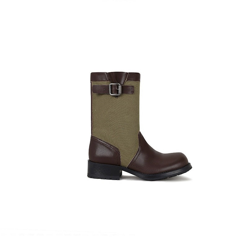 Damen Leder-Leinen Mid-Calf Stiefel mit Schnallenriemen Echo Archiv