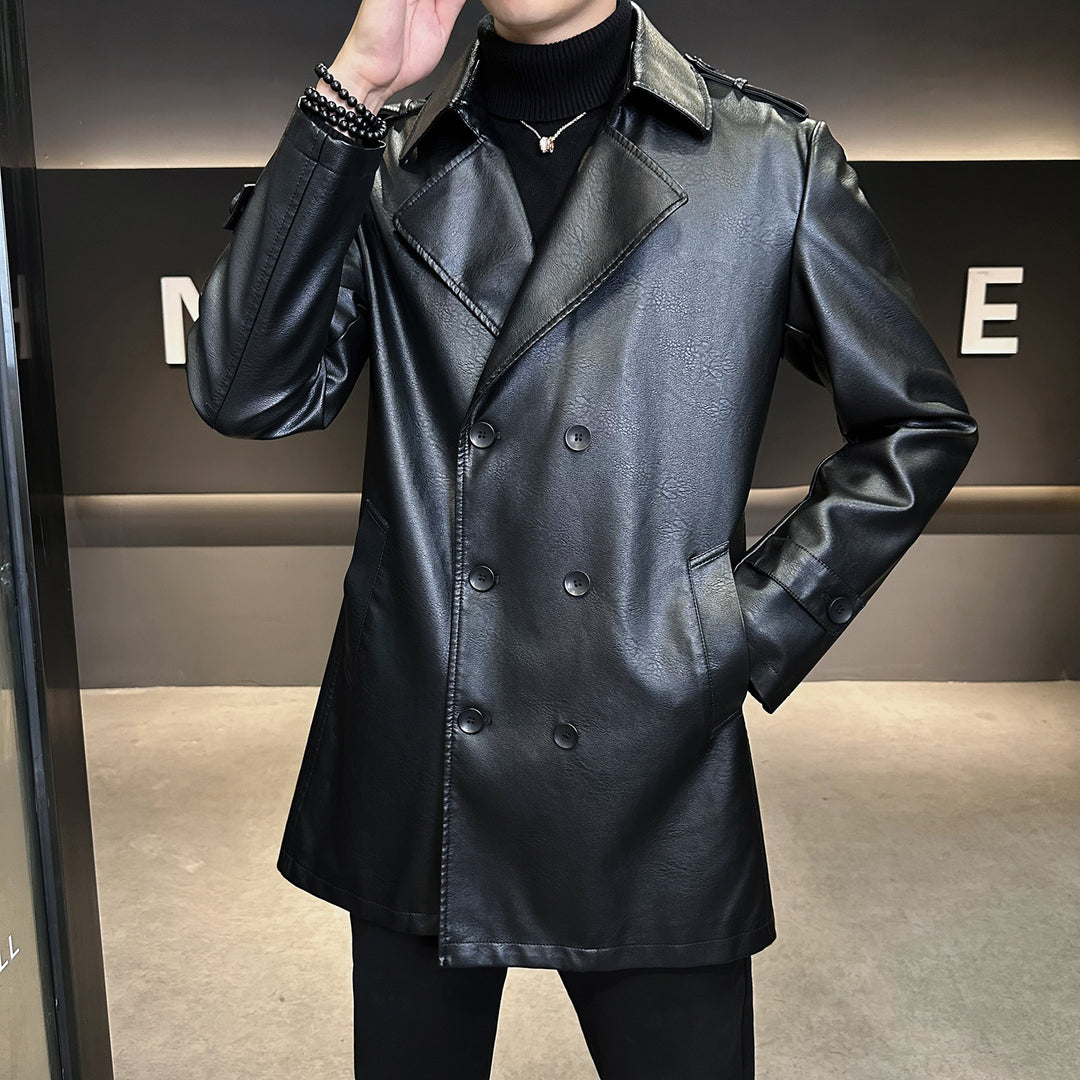 Herren Doppelreihiger Kunstleder-Trenchcoat mit markantem Revers Echo Archiv