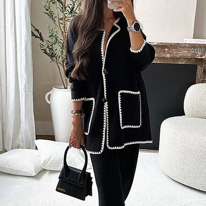 Damen Longline-Strickset mit kontrastbesetzter Strickjacke und weitem Palazzo-Hosen Echoarchiv