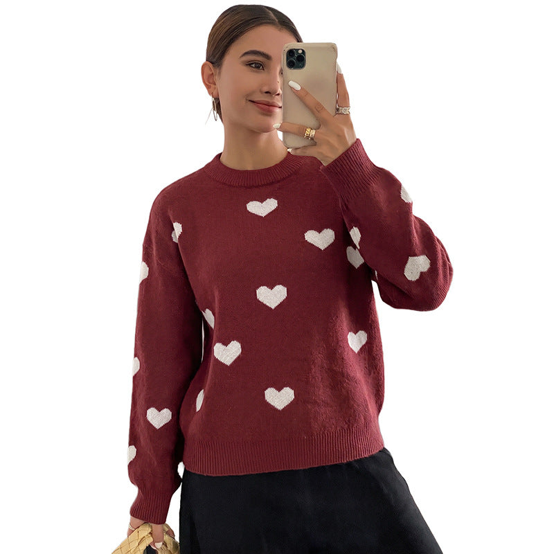 Damen Grobstrick-Pullover mit Herzintarsien und klassischem Rundhalsausschnitt – Mavelle