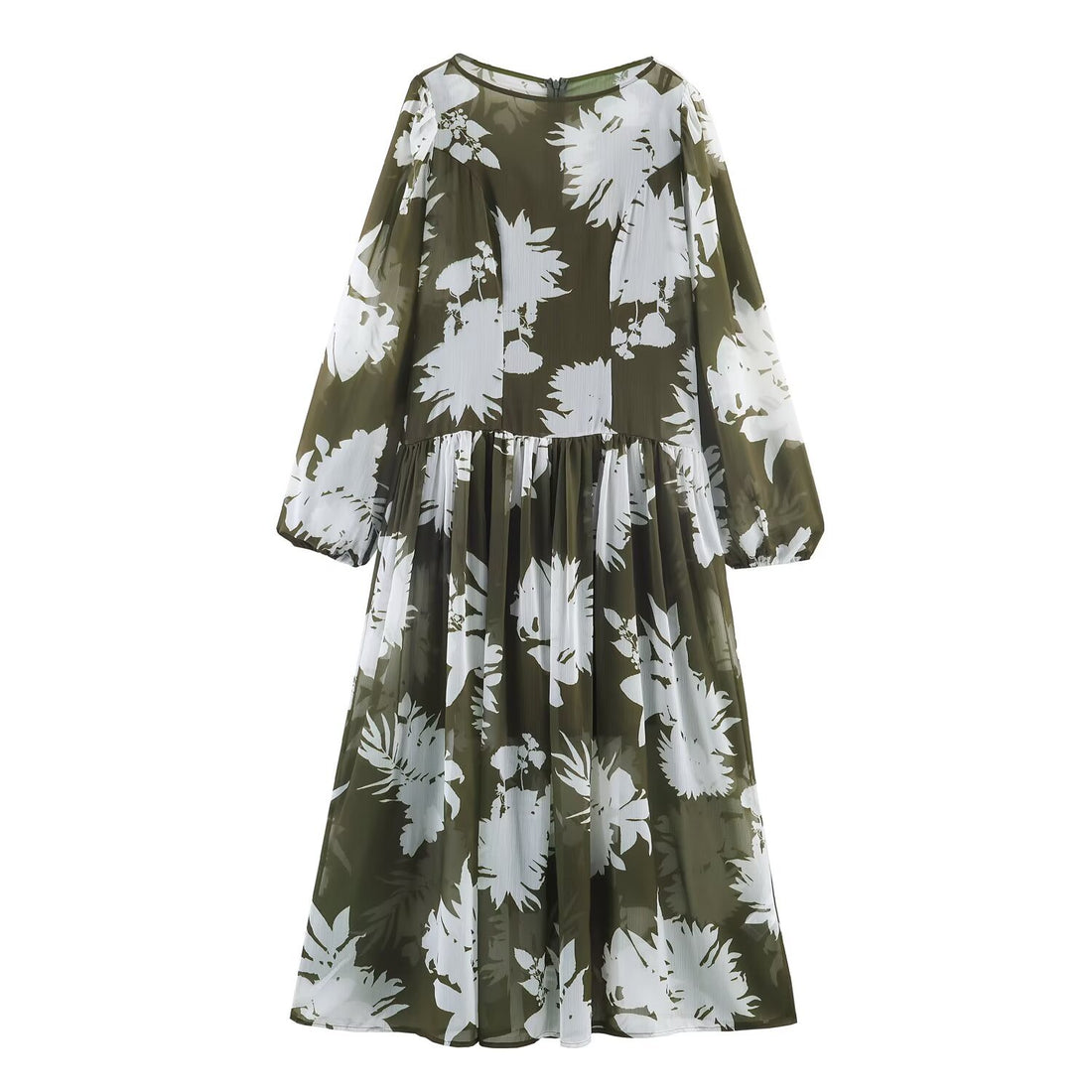 Damen Midikleid mit voluminösen Ballonärmeln, Stufenrock und floralem Print Echoarchiv