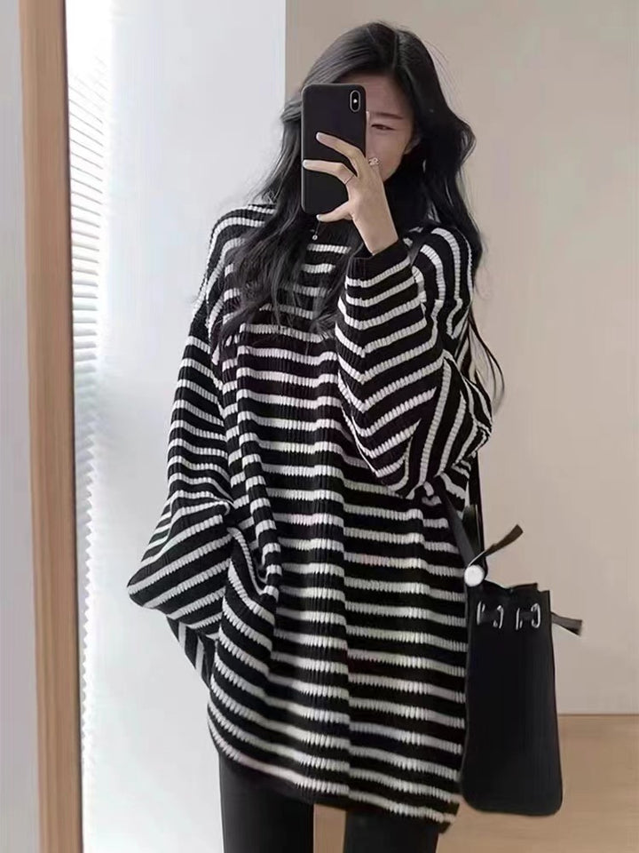 Damen Oversize Strick-Longpullover mit horizontaler Streifenstruktur Echoarchiv