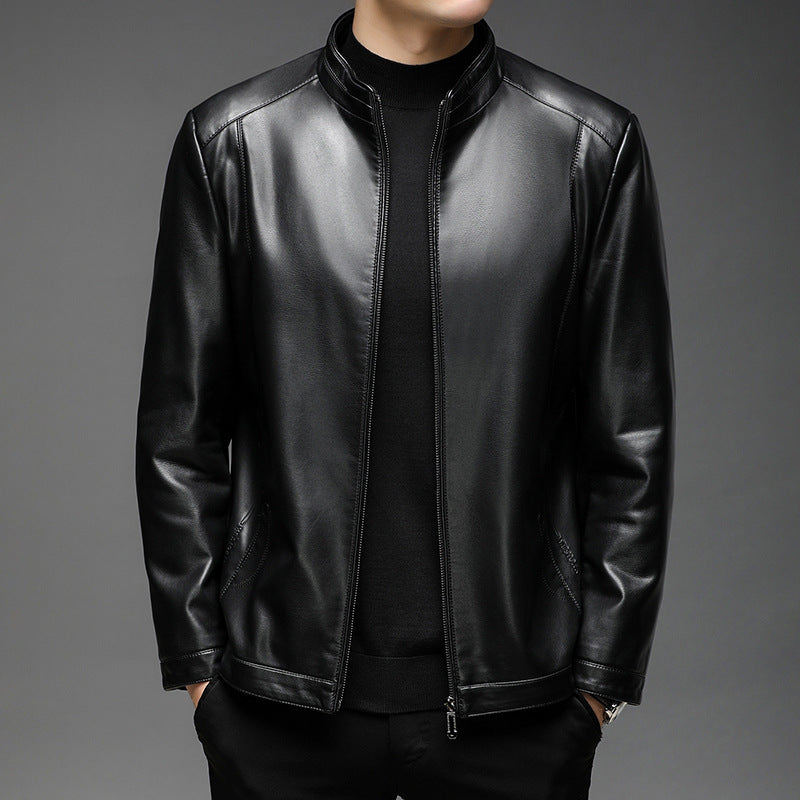 Herren Minimalistische Lederoptik-Übergangsjacke mit Stehkragen und Zwei-Wege-Reißverschluss Echoarchiv