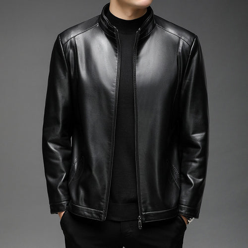 Herren Minimalistische Lederoptik-Übergangsjacke mit Stehkragen und Zwei-Wege-Reißverschluss Echoarchiv