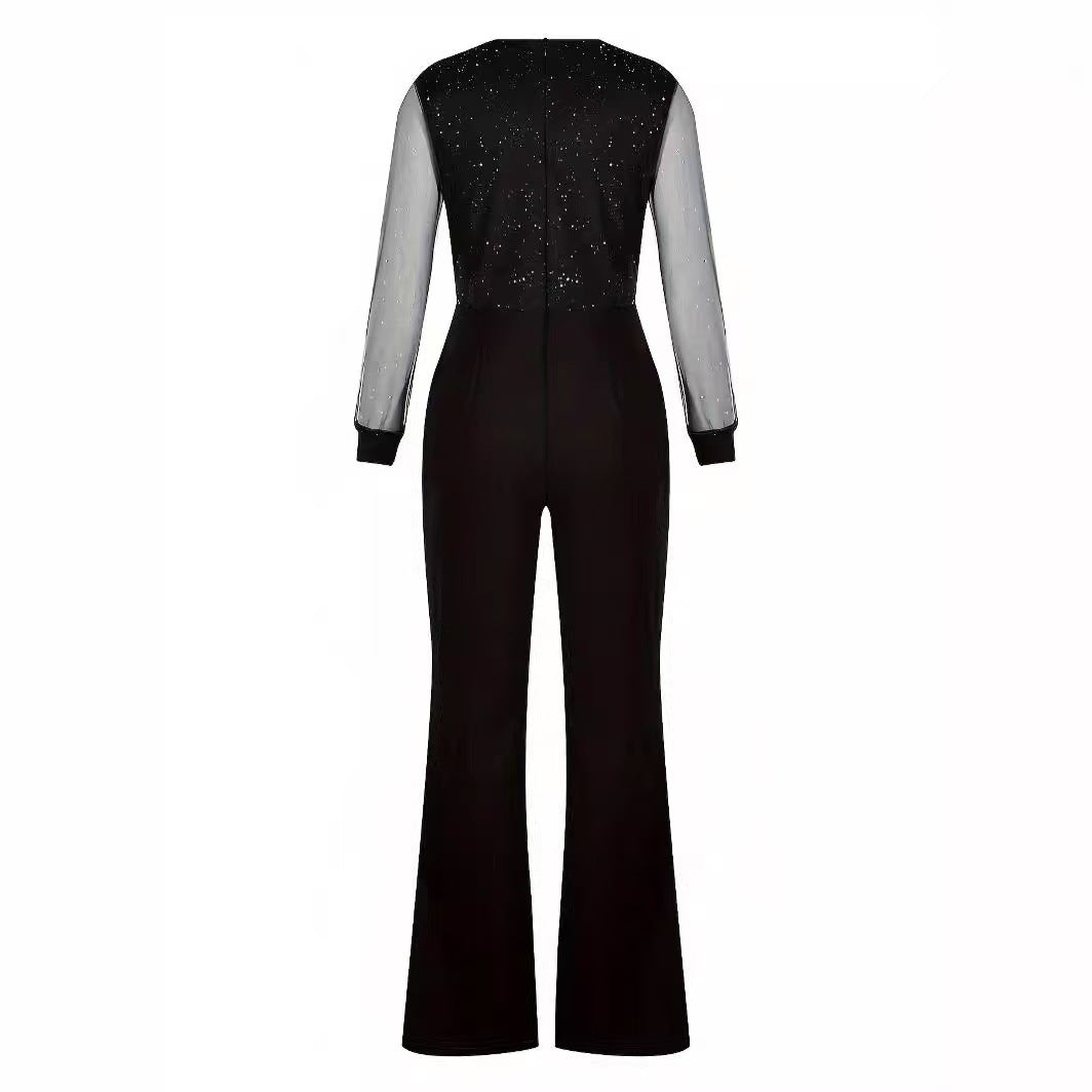 Damen Eleganter Jumpsuit mit transparenten Ärmeln und funkelnden Details Echo Archiv