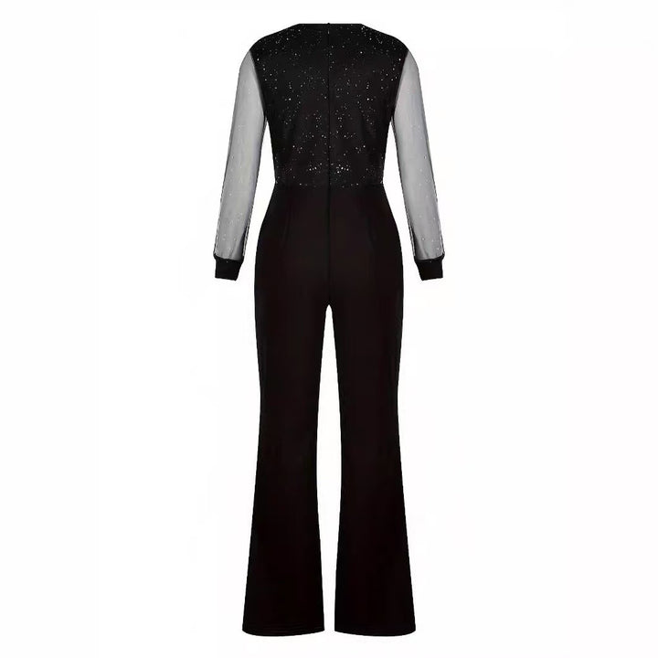 Damen Eleganter Jumpsuit mit transparenten Ärmeln und funkelnden Details Echo Archiv