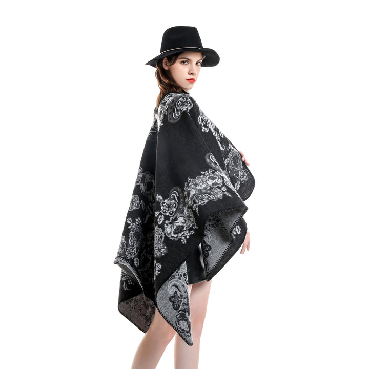 Damen Reversibler Strick-Umhang mit floraler Jacquard‑Webung und Zierkettelnaht – Veloura