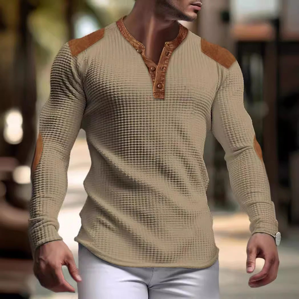 Herren strukturiertes Langarmshirt mit modischen Lederapplikationen Echoarchiv