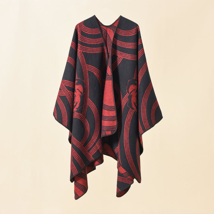 Damen Reversfreier Jacquard-Umhang im kastigen Oversize mit abstraktem Medaillonmuster Echo Archiv