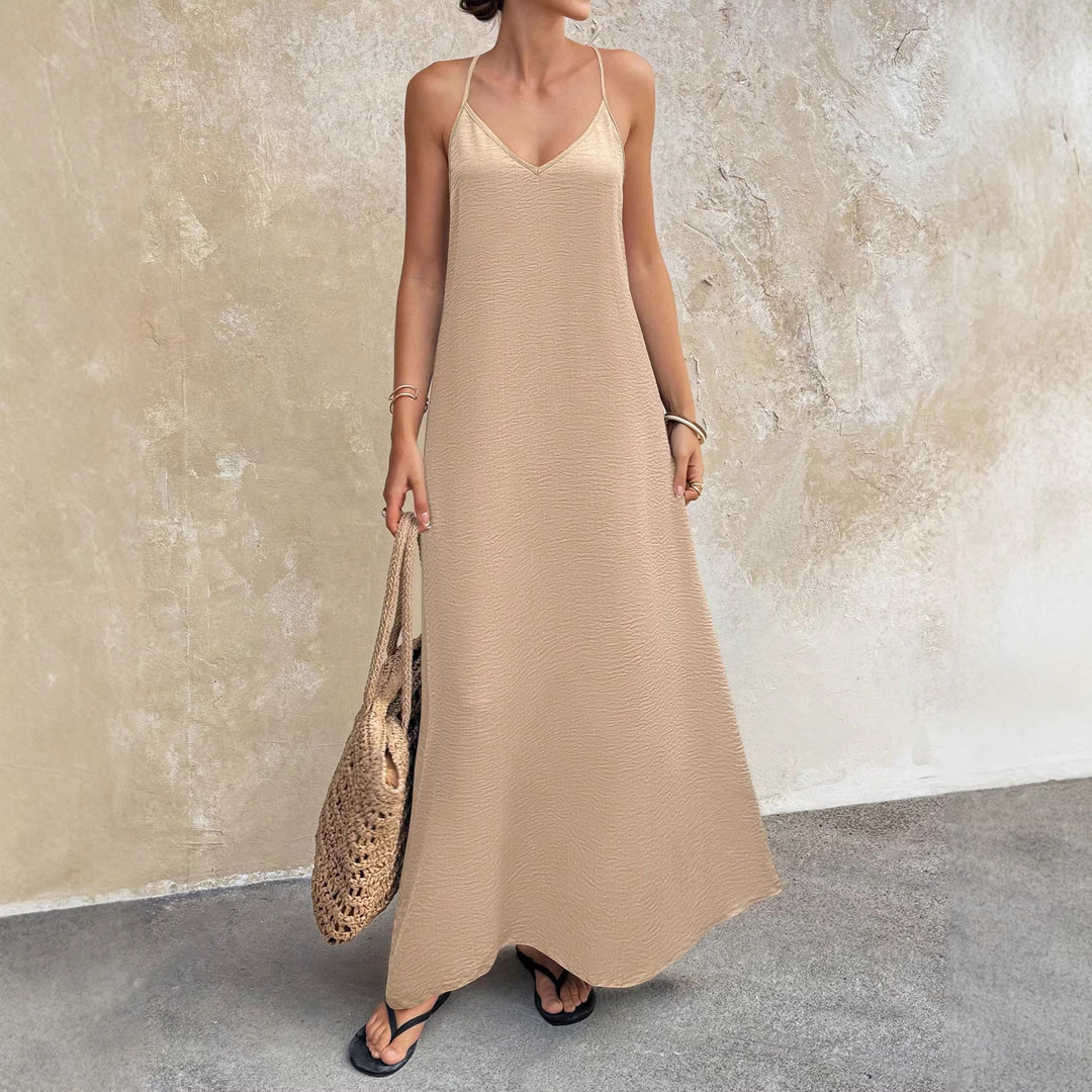Damen Fließendes Maxikleid mit Spaghettiträgern, V-Ausschnitt und sommerlicher Leinenoptik Echo Archiv
