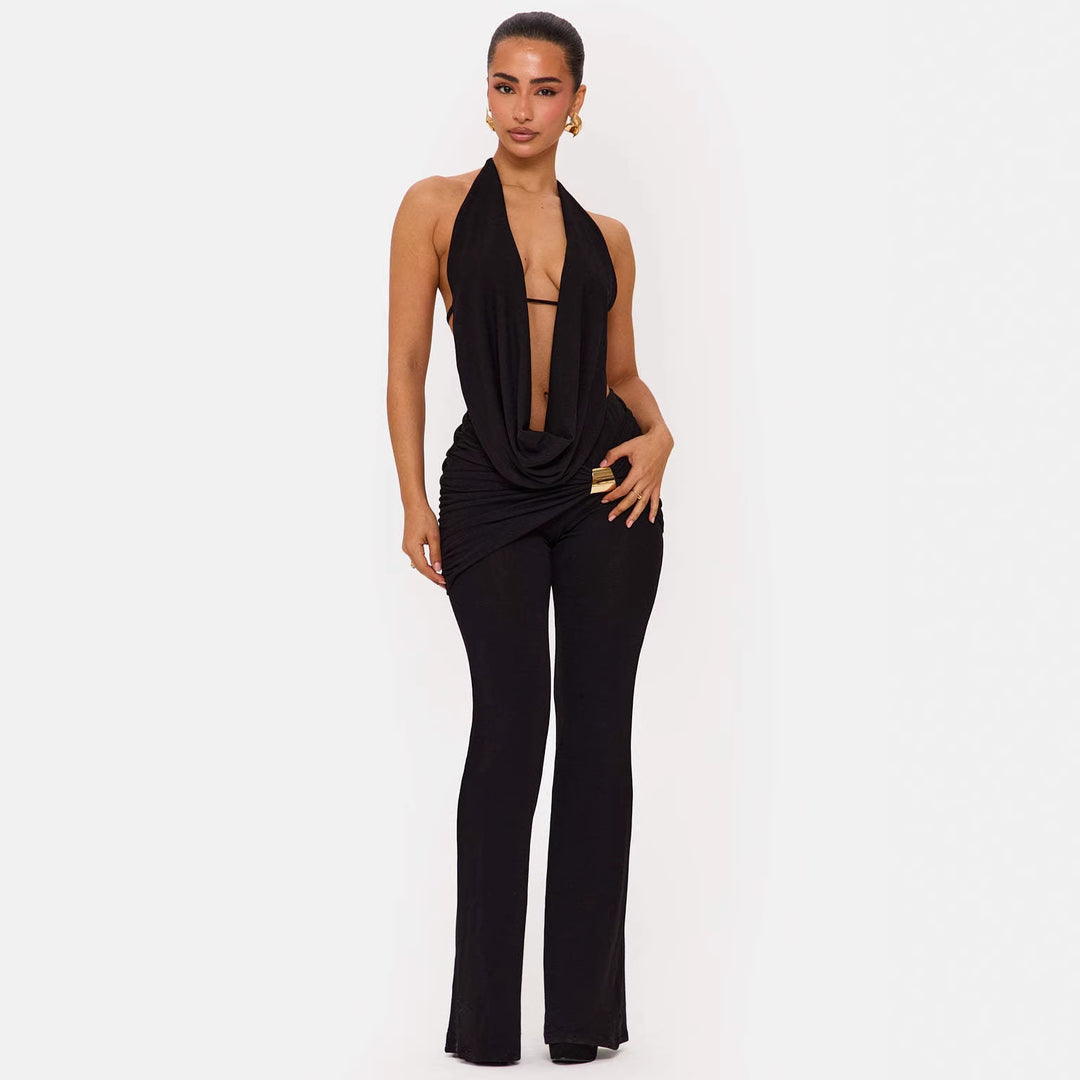 Damen Eleganter Jumpsuit mit doppeltem Kragen und trendiger Raffung Echo Archiv