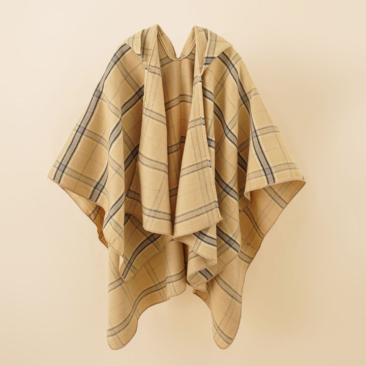 Damen Kapuzen-Poncho mit Karomuster, weichfallender Wollmix und offenem Oversize-Fall Echo Archiv