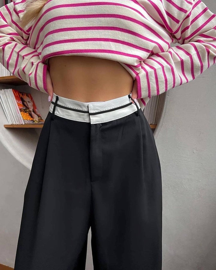 Damen Hochtaillierte weite Bundfaltenhose mit Kontrastbund Echoarchiv