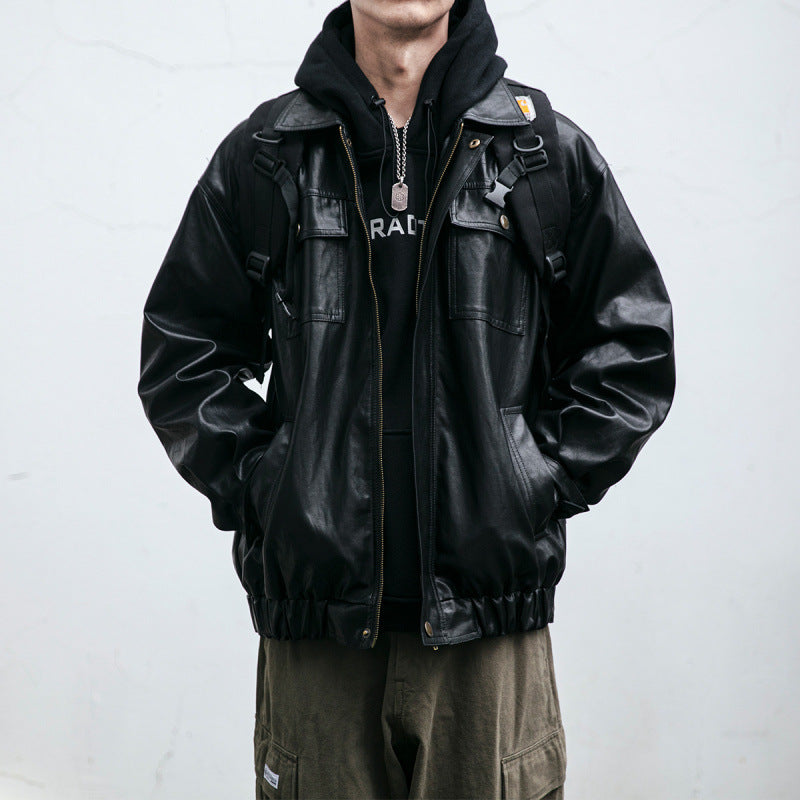 Herren Oversized Lederoptik-Utility-Jacke mit Pattentaschen und elastischem Saum Echoarchiv