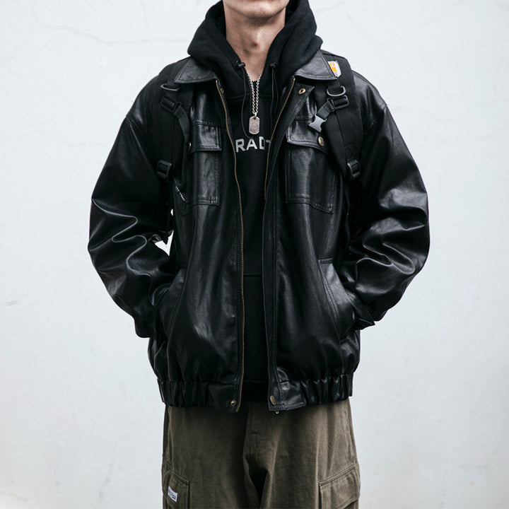 Herren Oversized Lederoptik-Utility-Jacke mit Pattentaschen und elastischem Saum Echoarchiv