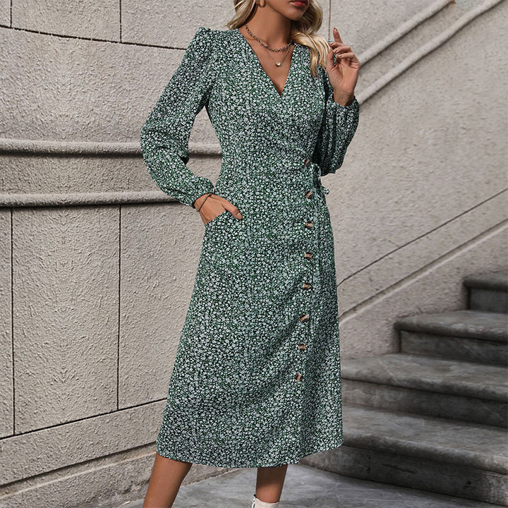 Damen Florales Wickel-Midikleid mit asymmetrischer Knopfleiste und geraffter Taille Echoarchiv